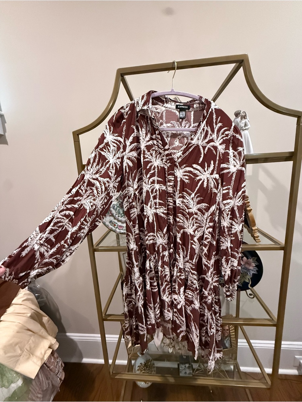 EXPRESS Women's Rust Palm-Print Long Sleeve Tunic Dress